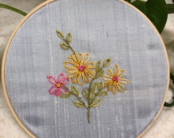 Hand Embroidered Floral Bouquet, Hand Dyed Threads, Silk, Hoop Art