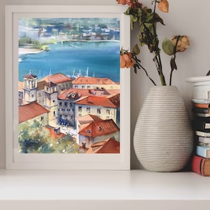 Pintura de acuarela del casco antiguo de Kotor, impresión de acuarela, techos rojos de casas, pintura de azotea, ciudad de Kotor, Montenegro