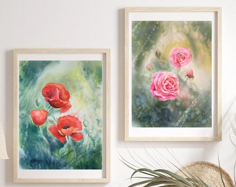 2er Set Blumen Drucke Malerei Aquarell, Mohn Bild, Rosen Blume, Blumen Kunst, Blumen Wand Kunst, Blumen Wand Dekor, Botanisch