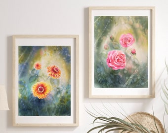 Set of 2 Flowers Prints Painting Watercolor, Flower Picture, Rose Flower, Floral Art, Flowers Wall Art, Floral Wall Decor, Botanical