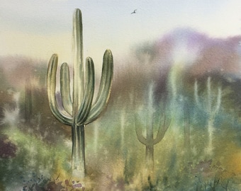 Pintura original de acuarela de cactus saguaro, arte del desierto de Arizona