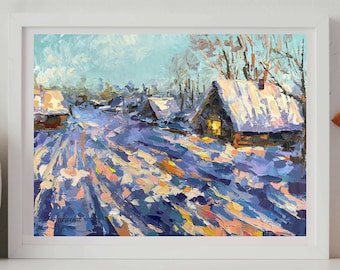 Winter landscape Print, House Fine Art Print Oil Painting, picture Giclee Print, Winter village painting, Abstract landscape Wall Art