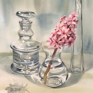 Giclée Print Still Life with Glass Painting, Watercolor Print, Vertical Still Life Wall Art, Hyacinth in a Glass Vase, Aquarelle, Printing