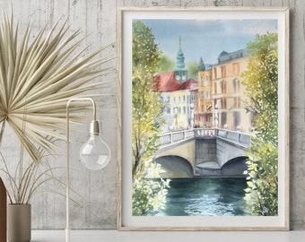 „Slowenien“, Kunstdruck, Die Drei Brücke, Souvenir aus Österreich, Ljubljana Giclee, Ljubljana Wandkunst, Trorostovje, Aquarell, Aquarell
