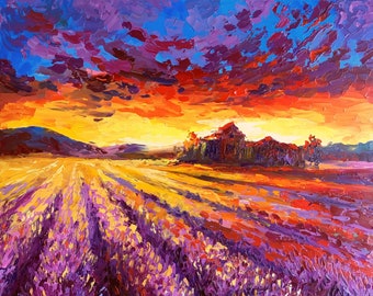 Lavender Provence ORIGINAL Oil Painting, Lavender Field Wall Art, Provence Painting, Canvas Painting, Sunset Art, Sky Clouds Sunset