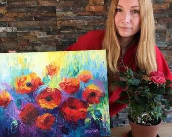 Original Red Poppies Oil Painting, Palette Knife Floral Art