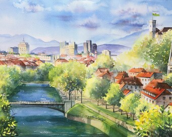 Ljubljana Kunst Druck, Souvenir, Giclee, Kunstdruck, Aquarell Malerei, Aquarell, Wanddekor, Wanddeko, Souvenir, Geschenk