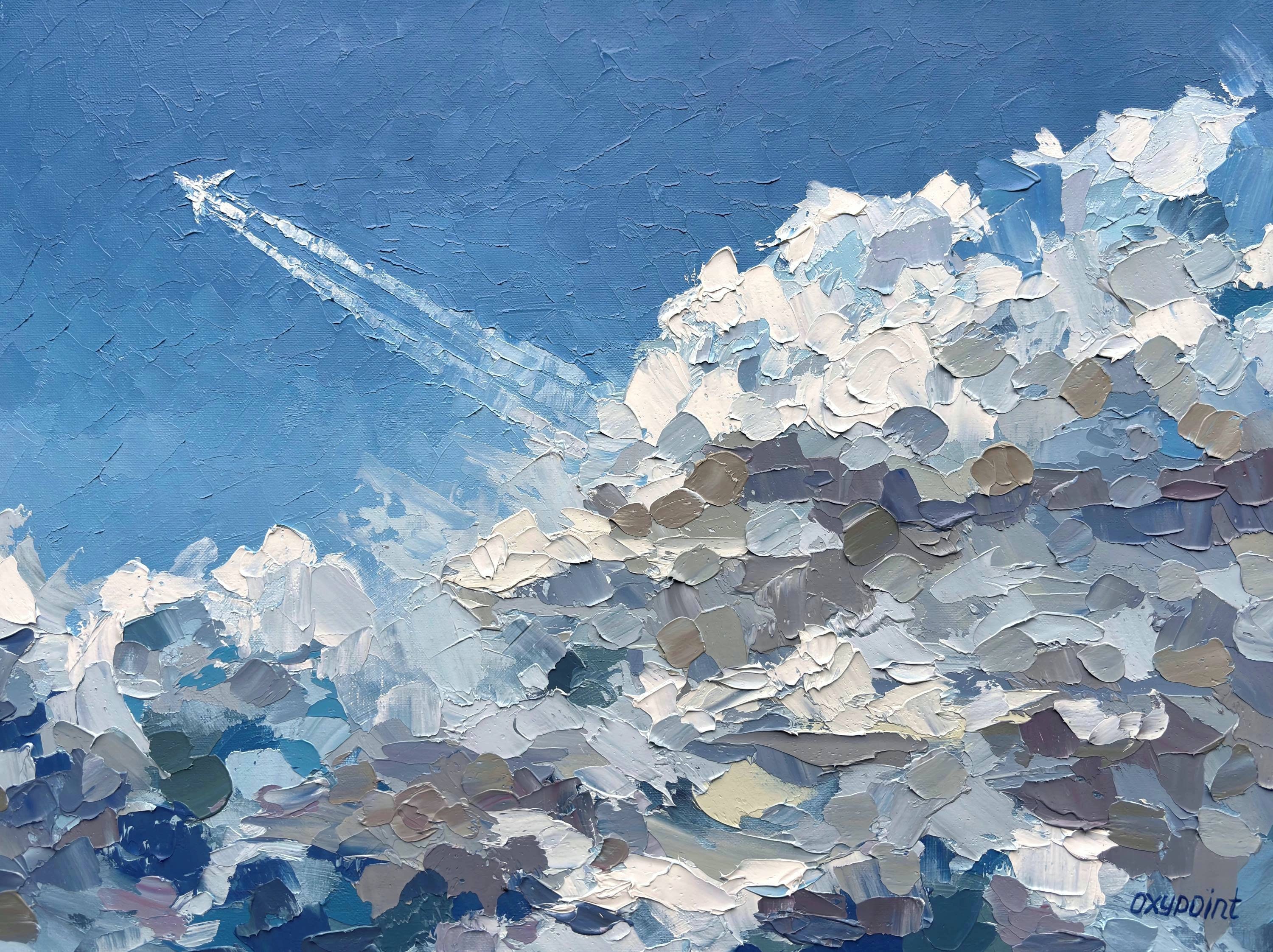 Plane in the Sky Hand Painted ORIGINAL Oil Painting, Clouds Plane in the Sky Hand Painted ORIGINAL Oil Painting, Clouds