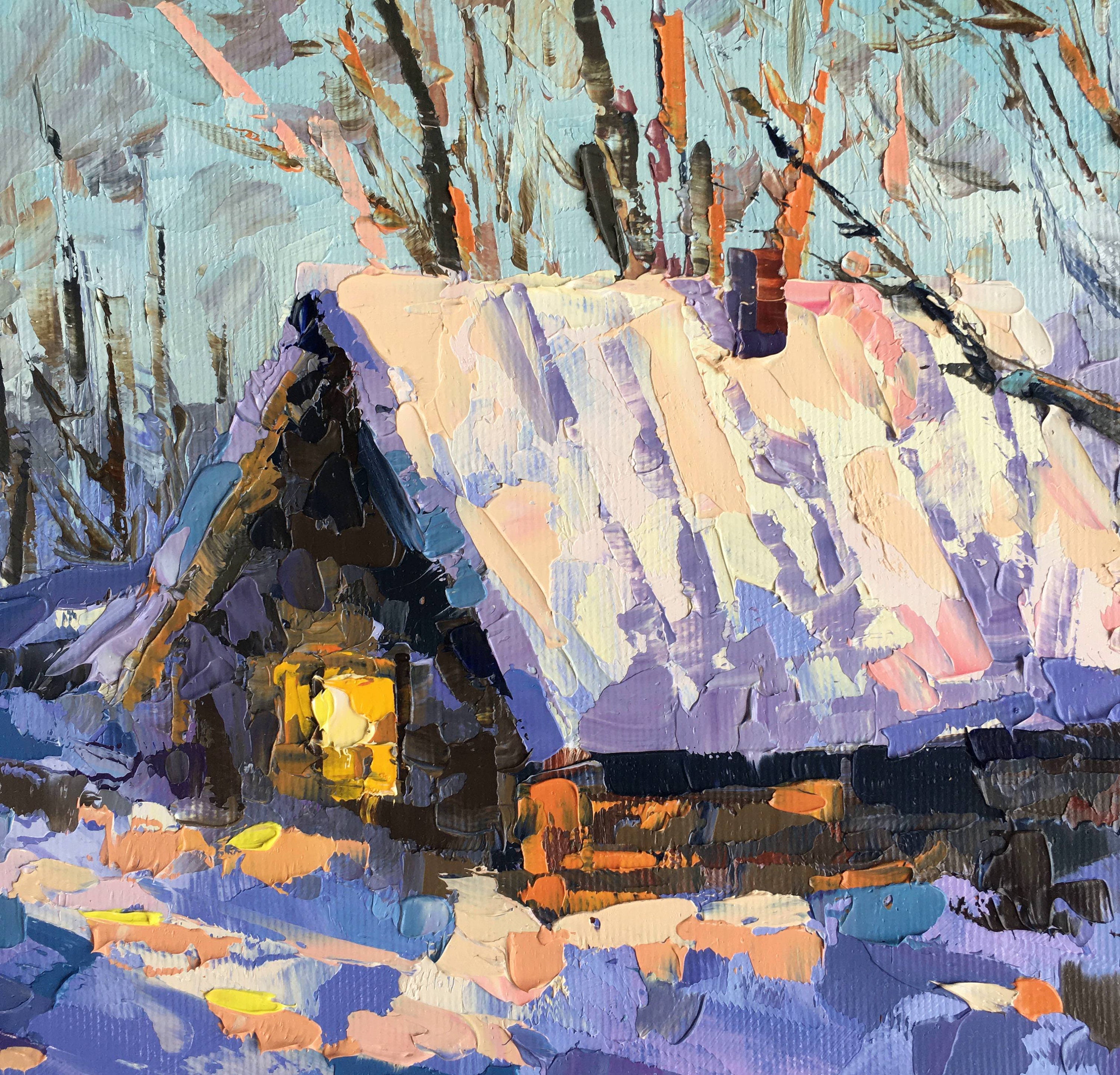 冬の夕べの村の油絵、雪景色のアート（11.8x15.7インチ） - Etsy 日本
