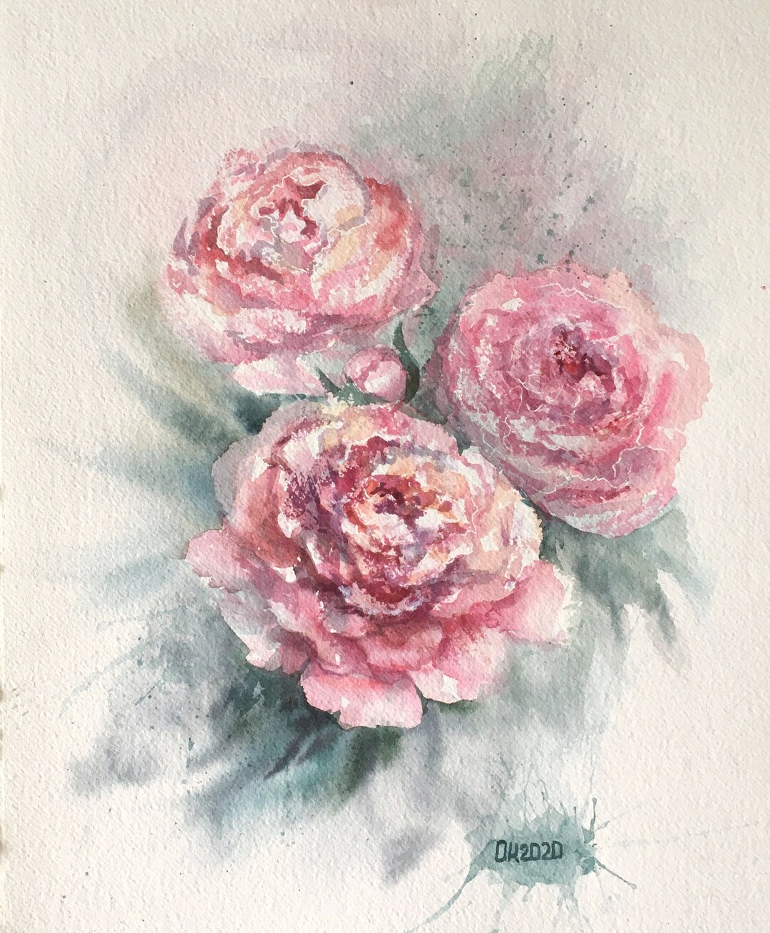 Original Pink Rose Watercolor Painting, Floral Wall Art (14.17x11.81 ...