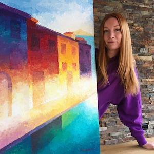 Burano Island Oil Painting – Colorful Venice Wall Art – Original Cityscape on Canvas – Textured Knife Painting – Large 100x70 cm Art