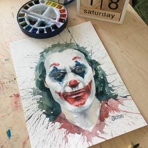 Portrait original du Joker à l&#39;aquarelle - peint à la main 30,5 x 30,5 cm, oeuvres d&#39;art des personnages de film, peinture aquarelle sur papier de coton, cadeau pour les fans du Joker
