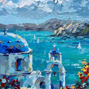 Santorini Sea ORIGINAL Oil Painting 23x30 cm – Greek Island Palette Knife Art, Abstract Seascape, Greece Wall Decor, Coastal Canvas