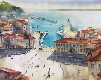 Piran Slowenien Kunstdruck, Boote, Meer, Altstadt, Hafen, Souvenir aus Slovenien, Giclee, Slowenien Wandkunst, Druck Aquarell Malerei, Aquarell