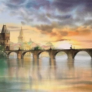 Prague Art Print, The Charles Bridge, Old city, Old Bridge Painting, Giclee, Prague Wall Art, Sunset Art, Print Watercolor, Aquarelle