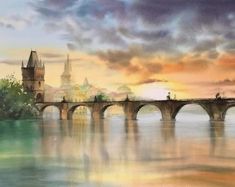 Prag Kunstdruck, Die Karlsbrücke, Altstadt, Alte Brücke Malerei, Giclee, Prag Wand Kunst, Sonnenuntergang Kunst, Druck Aquarell, Aquarell