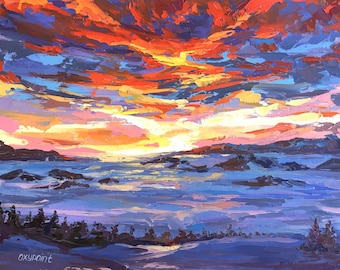 Obraz olejny „Zachód słońca” z szpachelką, płótno górskie (11,8 x 15,7 cala)