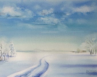 Original Winter Road Watercolor Painting – Snowy Landscape Art