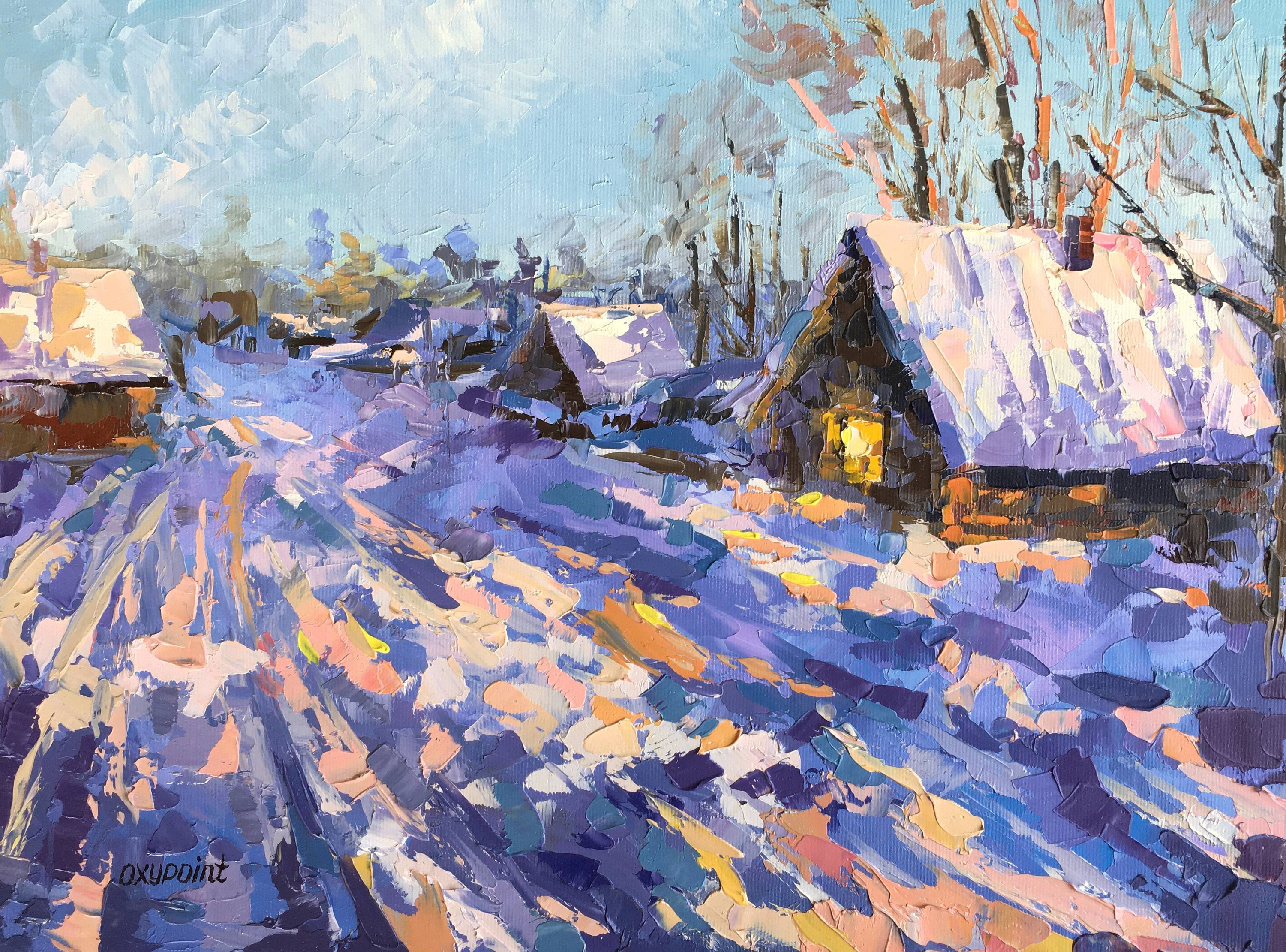 油絵(雪) 冬の夕べの村の油絵、雪景色のアート（11.8x15.7インチ） - Etsy 日本