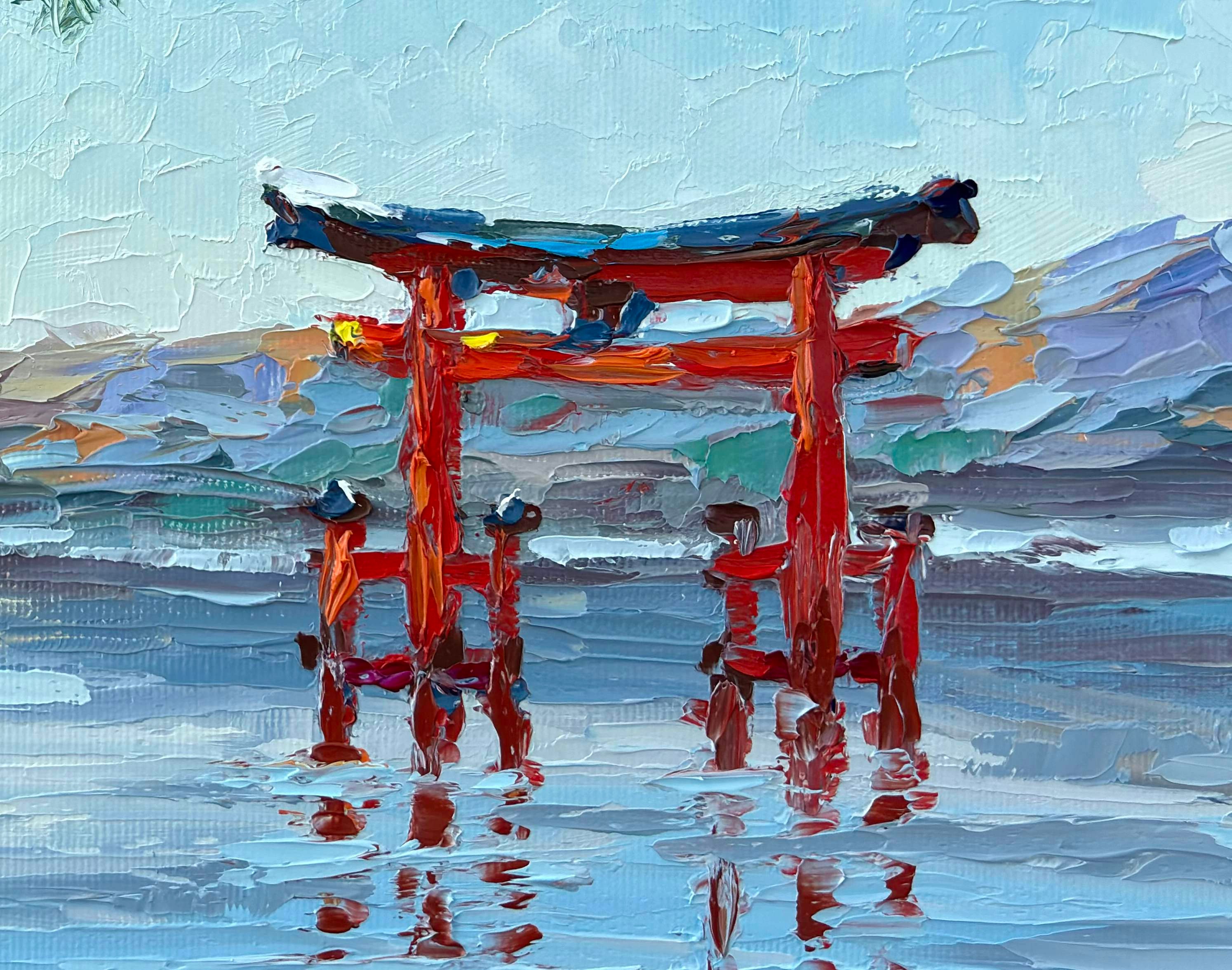 Torii Gate Oil Painting – Japanese Seascape, Pine Tree Canvas