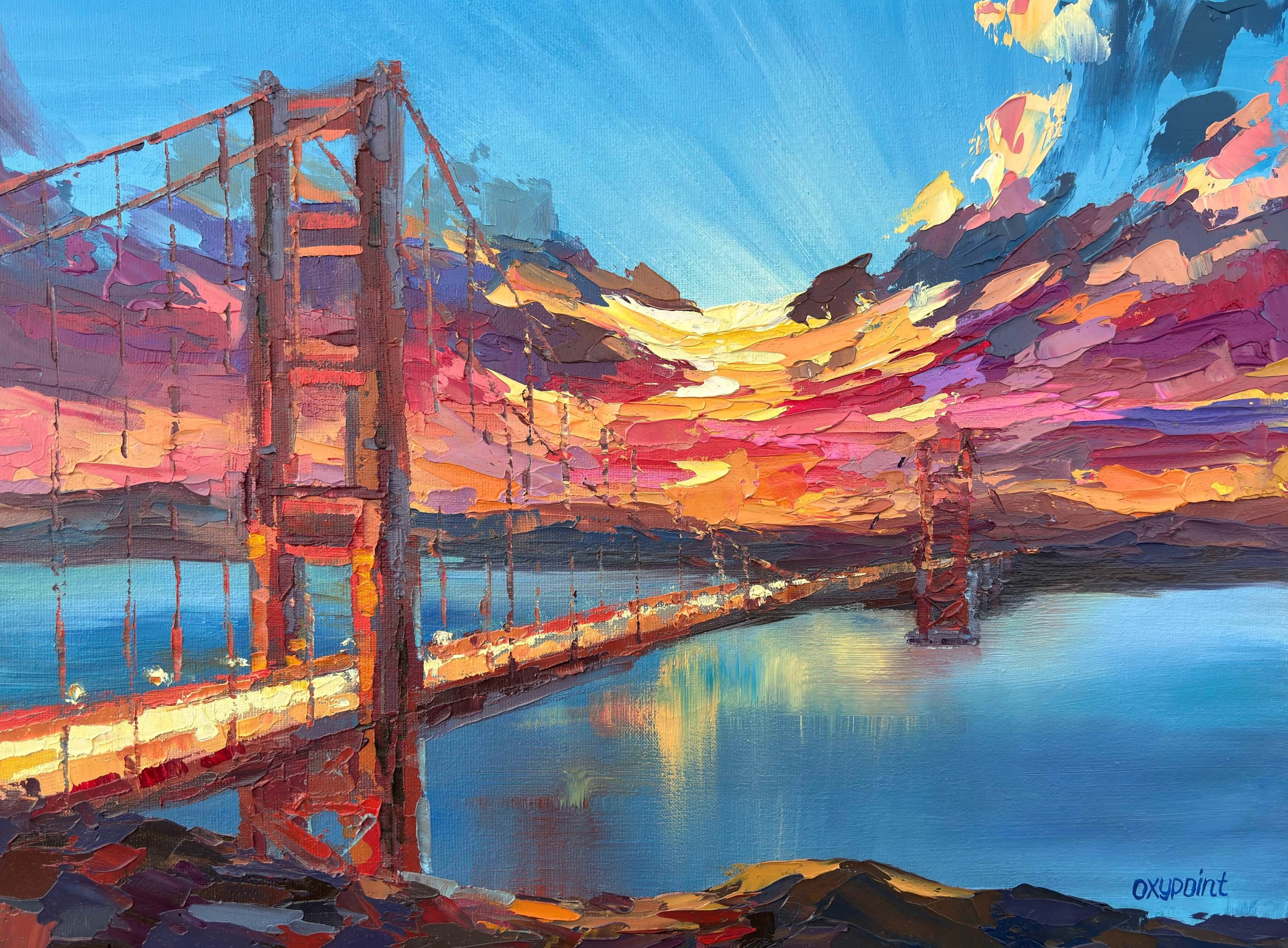 油絵 風景画 太宰サイン Dazai 額縁入り 紅葉 街並み 森林 芸術 Golden Gate Bridge Oil Painting | Palette Knife San Francisco Art