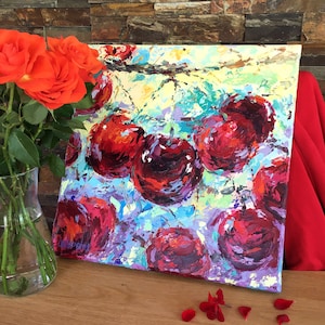 Cherry Oil Painting – Original Palette Knife Art – Abstract Cherry Wall Decor – Sweet Red Fruit Art – 40x40 cm Modern Canvas Painting
