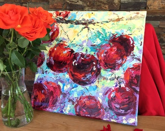 Cherry Oil Painting – Original Palette Knife Fruit Art, 40x40cm
