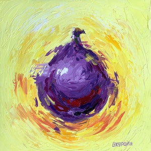 Fig Oil Painting – ORIGINAL Food Art on Canvas – Yellow Fig Still Life – 40×40 cm – Palette Knife Kitchen Wall Art – Hand Painted