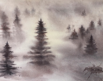 Hand painted Foggy Alpine Forest ORIGINAL Watercolor Painting, Misty Scandi Forest Art, Foggy Morning Seascape, Nordic Landscape, Fir-trees