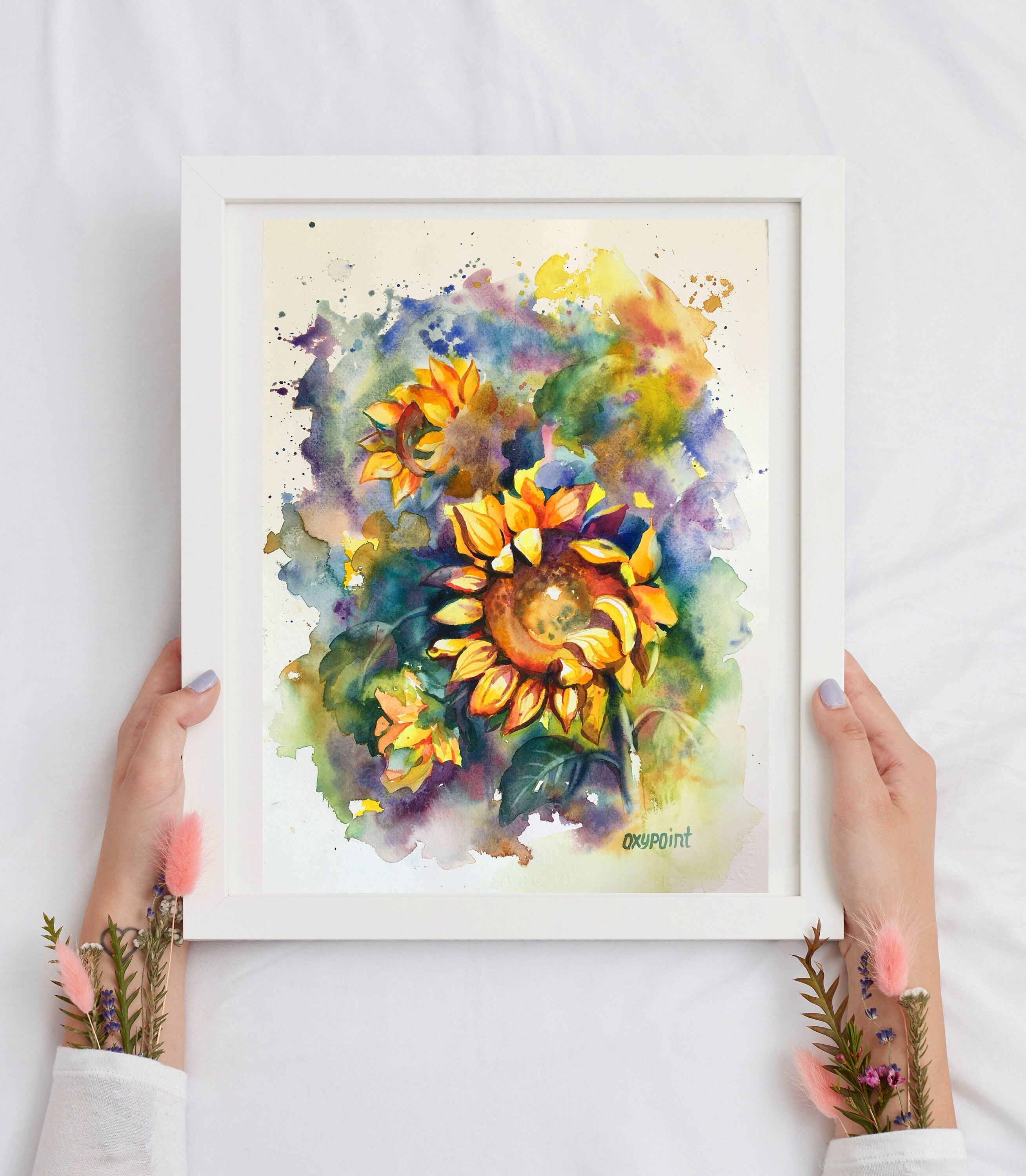 オリジナルひまわり水彩画：花の壁アート（11.8x15.7インチ） - Etsy 日本