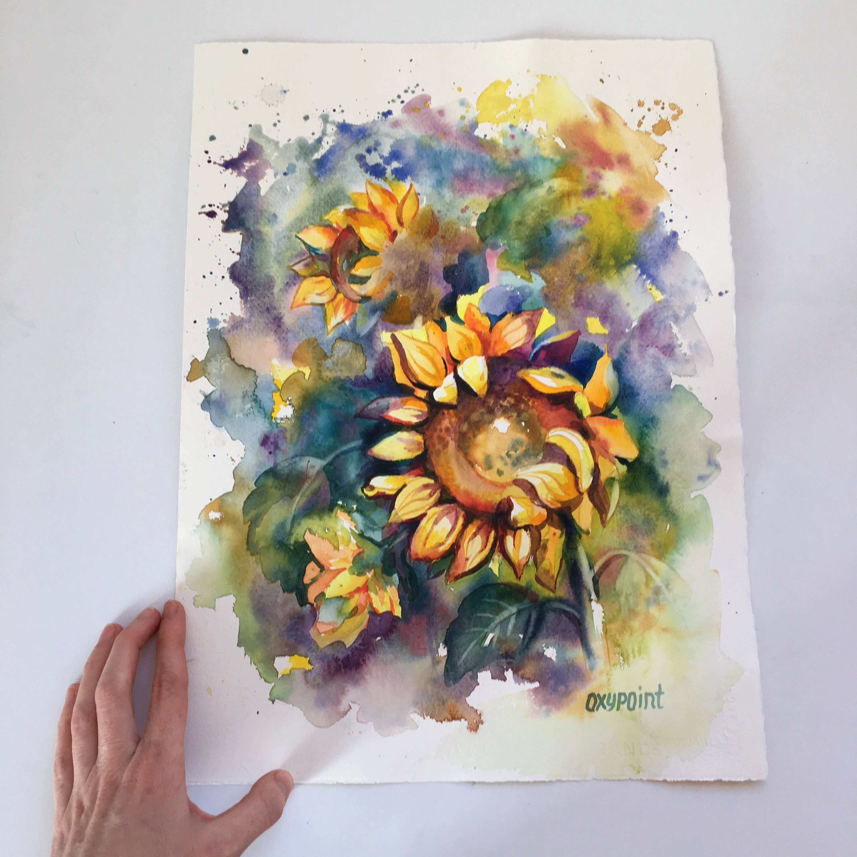 オリジナルひまわり水彩画：花の壁アート（11.8x15.7インチ） - Etsy 日本