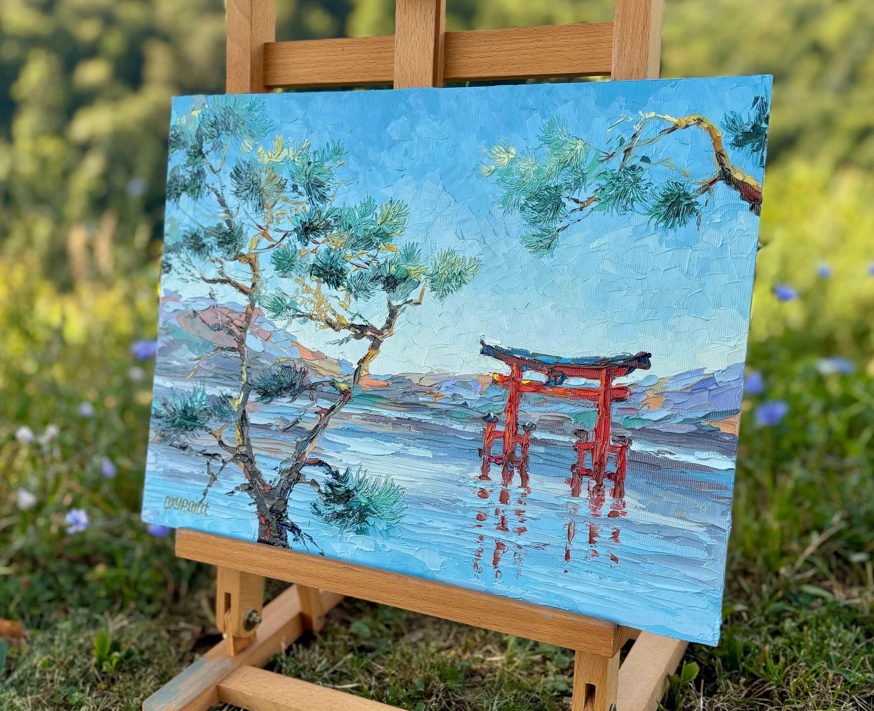 鳥居の油絵 - 日本の海景、松の木のキャンバス（30 x 40 cm） - Etsy 日本