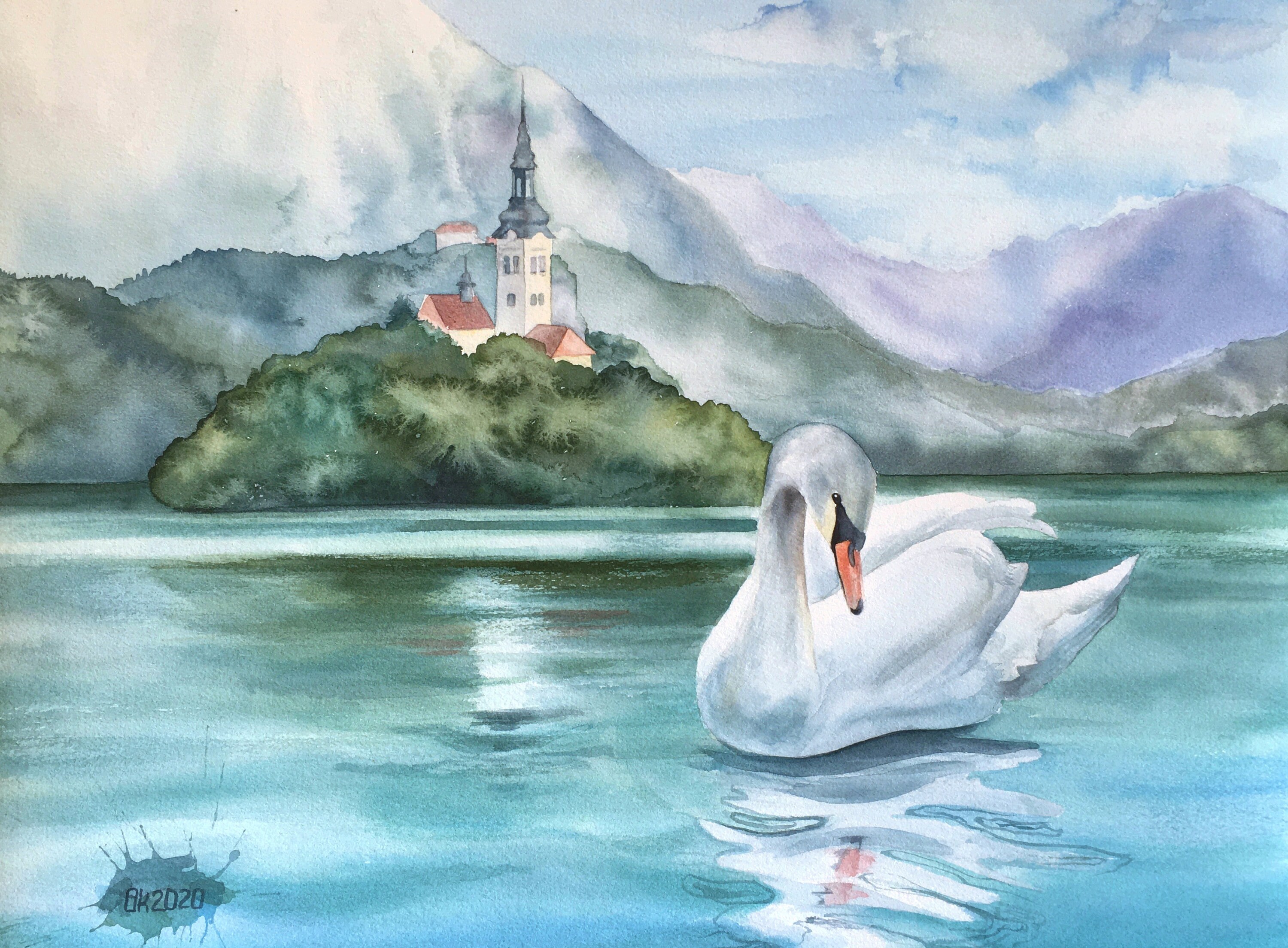 Slowenien Kunstdruck, Bleder See, weißer Schwan, Souvenir, Geschenk, Bleder See, Giclee, Bled Wand Kunst, Druck Aquarell Malerei, Aquarell