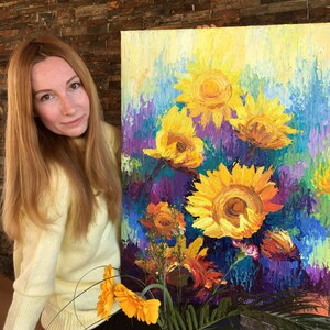 ひまわりの油絵 | オリジナルフラワーアート | テクスチャキャンバス | パレットナイフ画 | 明るい花柄装飾 | ひまわりの壁アート