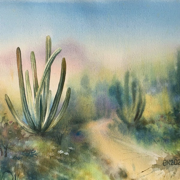 Cactus hand painted on paper ORIGINAL Watercolor Painting, Organ Pipe Cactus Art, Desert Carnegiea Art, Arizona Landscape, Cactus Wall Art