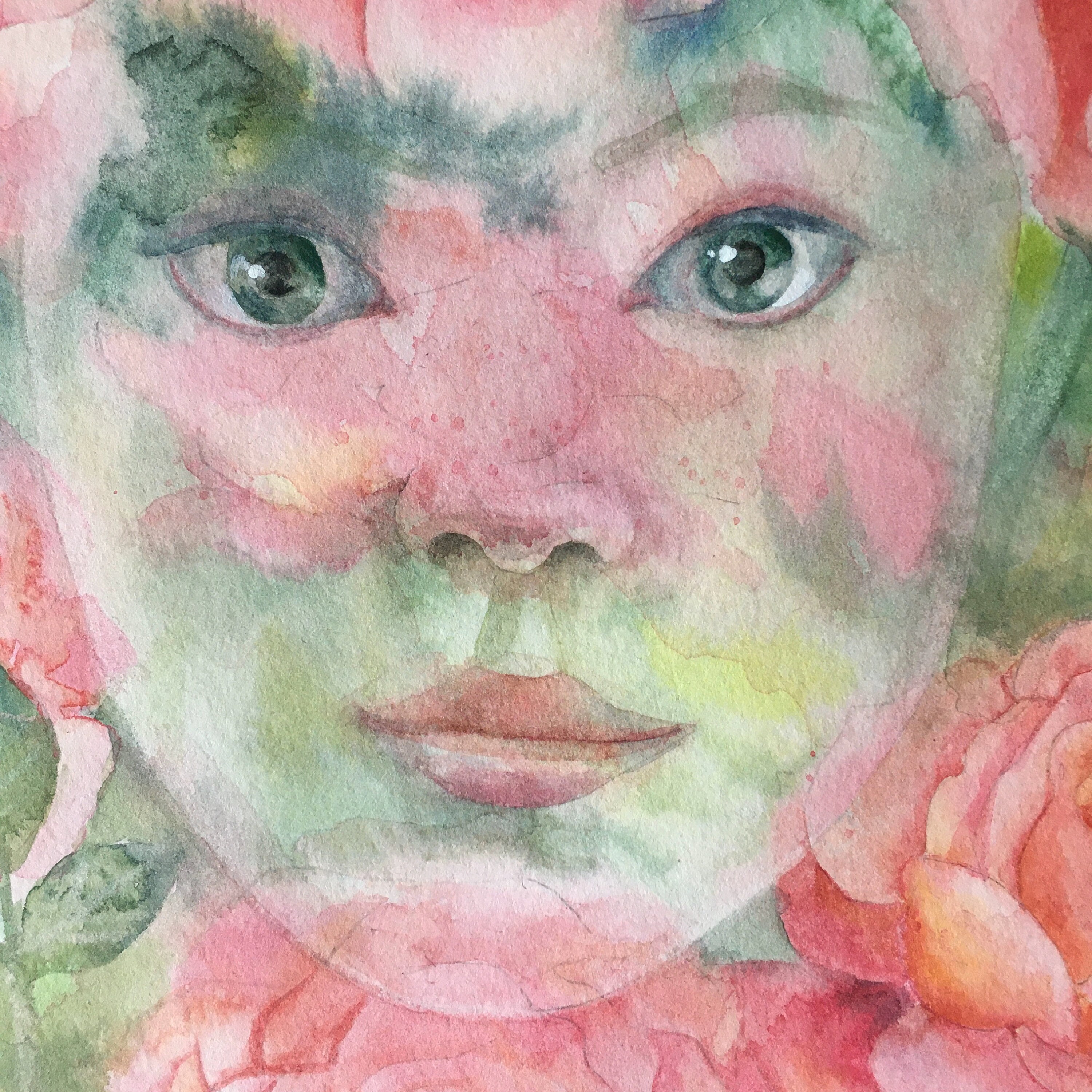 オリジナル水彩画の女性の肖像画、ローズアート、11.81x11.81インチ