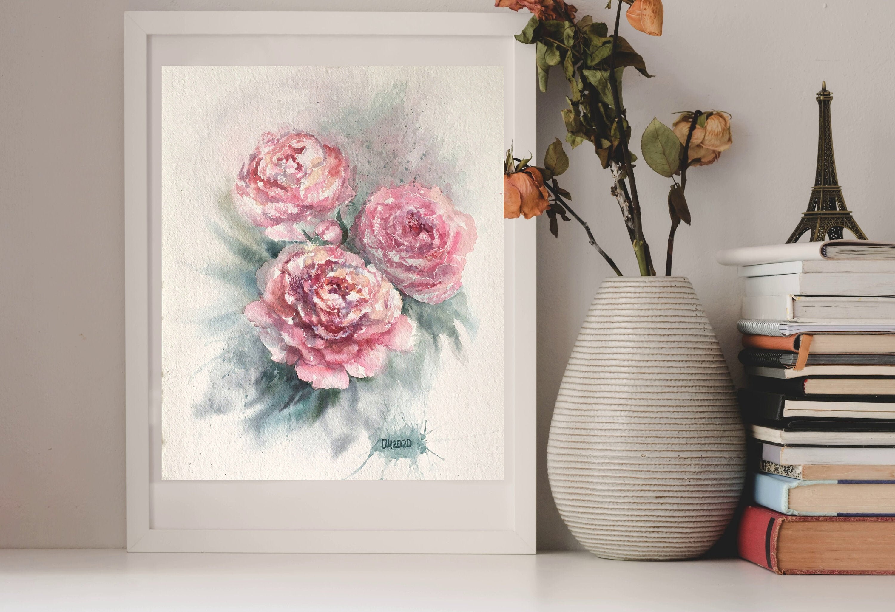 Original Pink Rose Watercolor Painting, Floral Wall Art (14.17x11.81 ...