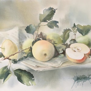 Natura morta di mele, acquerello – Arte murale originale con frutta – Decorazione da cucina con mele – Acquerello dipinto a mano – Opera d'arte su carta 36 x 48 cm