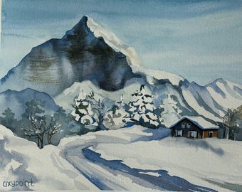 雪山の頂上 オリジナル水彩画 冬の風景 手描きの雪山 手描きの水彩画