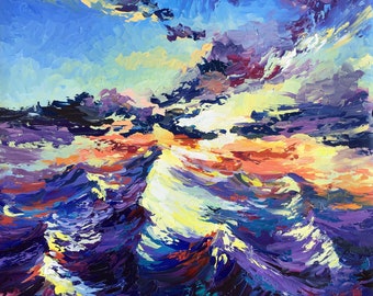 Palette Knife Sunset Oil Painting: Abstract Sky Cloud Art (23.6x19.7 in)