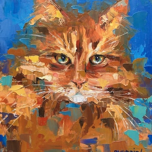 Peinture à l'huile chat roux - portrait de chat roux - oeuvre d'art murale chat duveteuse - oeuvre d'art à l'huile animale - peinture au couteau - toile 30 x 24 cm