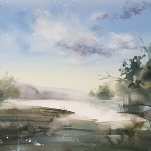 Rivierlandschap ORIGINELE aquarel schilderij, landschap kunst aan de muur, aquarellen landschap aquarel, bomen kunst aan de muur, hemel schilderij