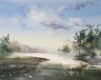 Original River Landscape Watercolor Painting, Scenery Wall Art (14.96x11.02 inch)