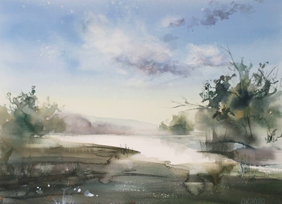 オリジナルの川の風景水彩画、風景壁アート（14.96x11.02インチ