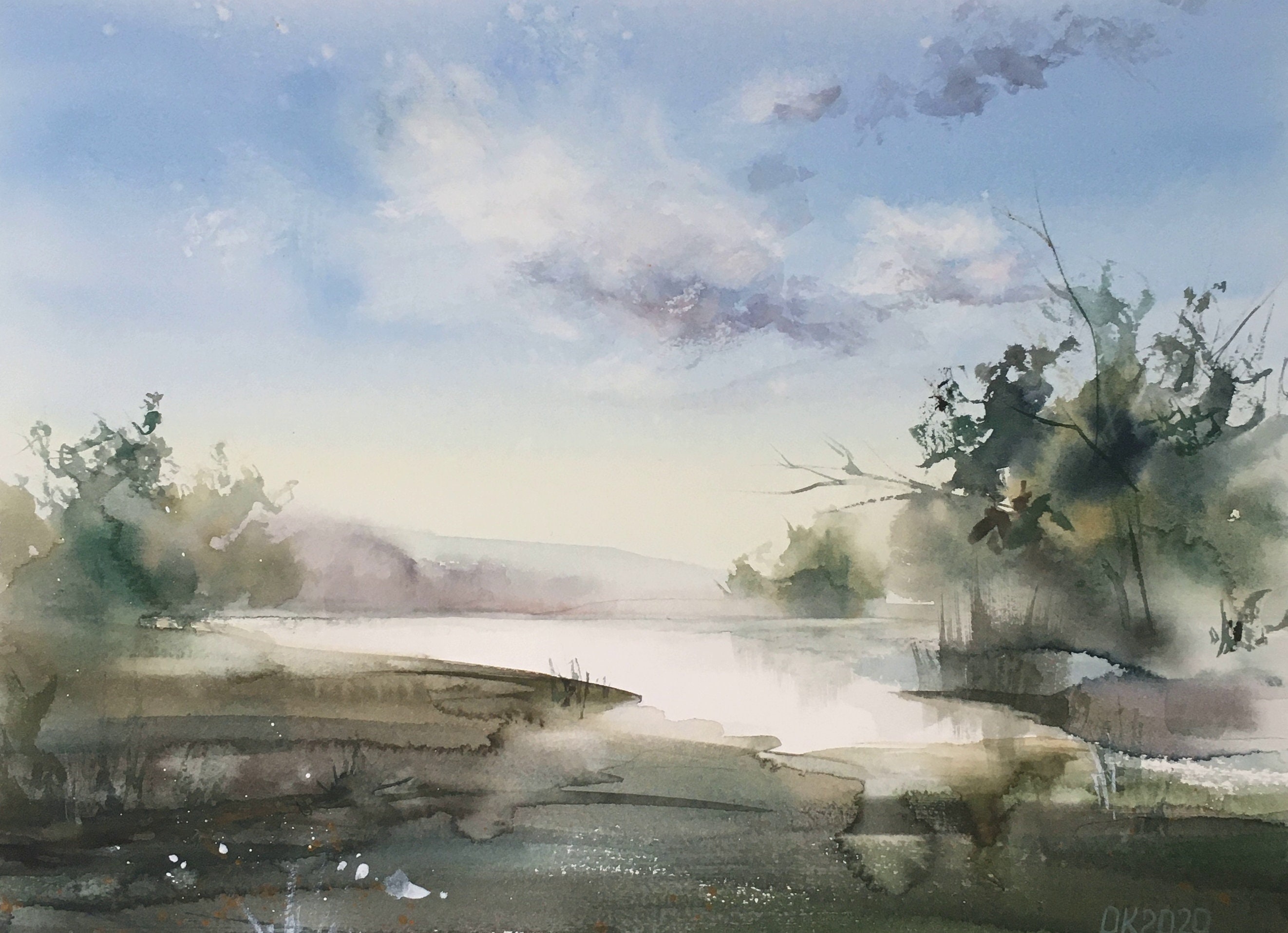 オリジナルの川の風景水彩画、風景壁アート（14.96x11.02インチ