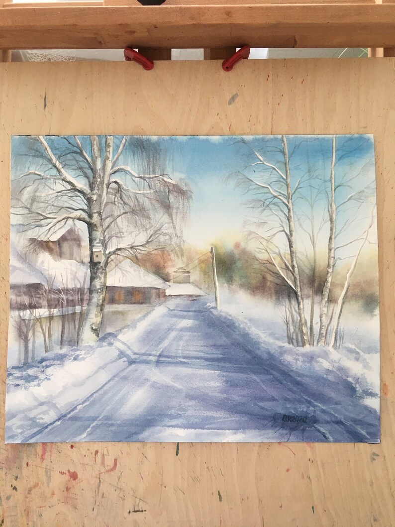 Winter Village Watercolor Painting – Original Snow Landscape, Birch ...