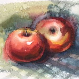 Mele Still Life ORIGINALE Pittura ad acquerello, Mele sul tavolo, Arte della parete delle mele, Pittura di mele, Arte della natura morta dipinta a mano, Arte della frutta