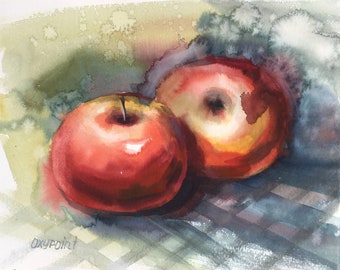 オリジナルリンゴの静物画、水彩画リンゴの絵画、キッチンの壁アート