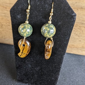 Tiger&#39;s Eye and Ocean Jasper Crystal Dangle Earrings 18K Gold-plated and nickel-free hooks