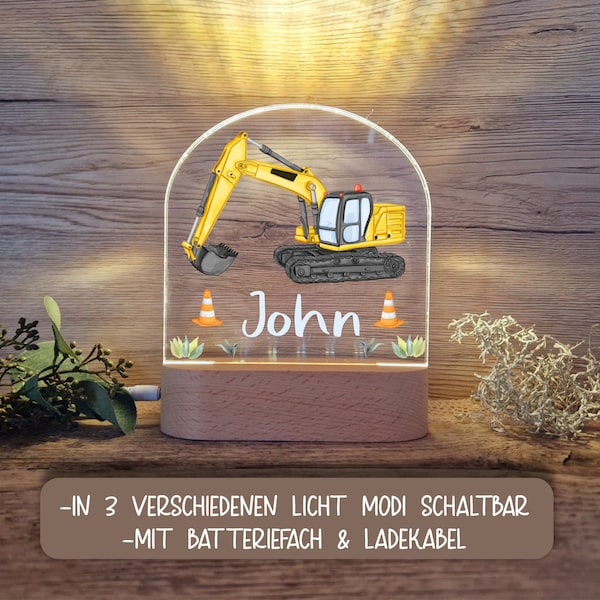 Kinder Nachtlicht Personalisiert LED Motiv Bagger/ Nachtlampe/ Schlummerlicht